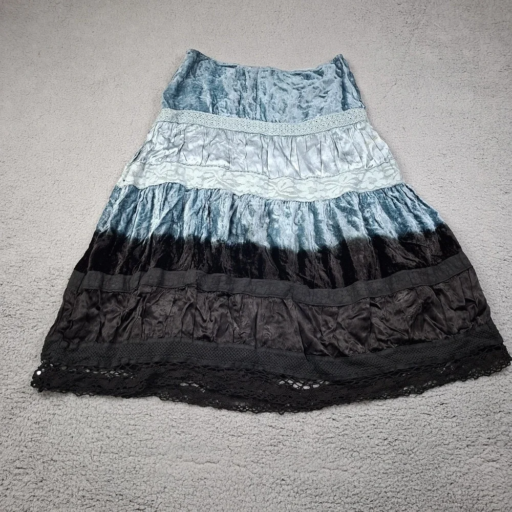Velvet Satin Lace Tiered Maxi Skirt XL Whimsigoth Prairie Boho Hippie Floral